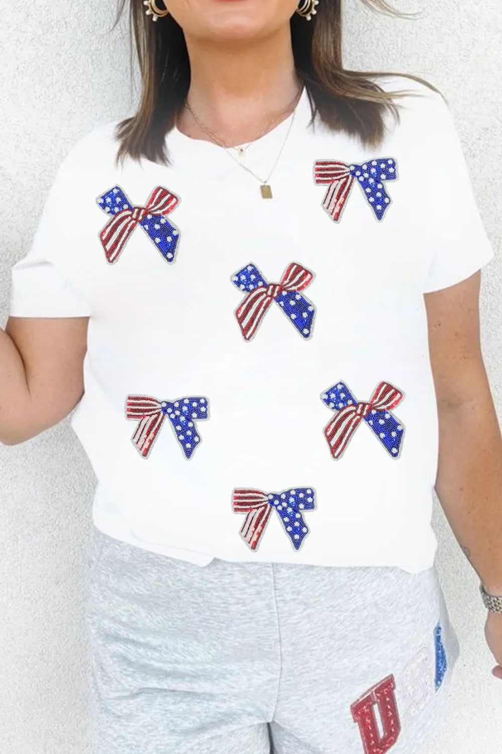 Sequin Flag Bow Pattern Crew Neck Patriotic Tee OutfitFlow