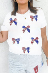 Sequin Flag Bow Pattern Crew Neck Patriotic Tee OutfitFlow