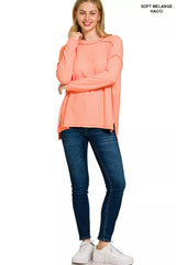 Zenana Full Size Melange Hacci Exposed Seam Hi-low Tee Plus Size OutfitFlow