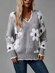 Floral V-Neck Long Sleeve Sweater OutfitFlow
