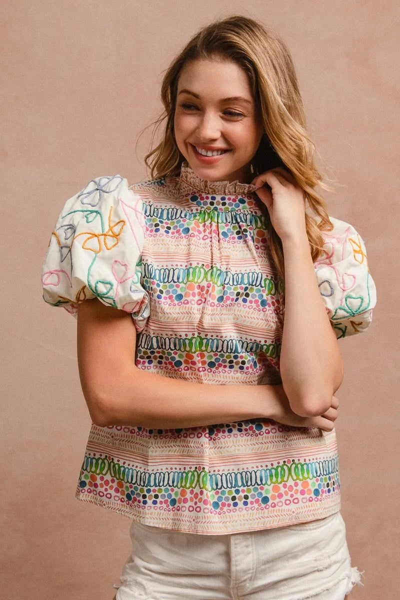 BiBi Ruffle Neckline Blouse With Embroidery Bubble Sleeve OutfitFlow