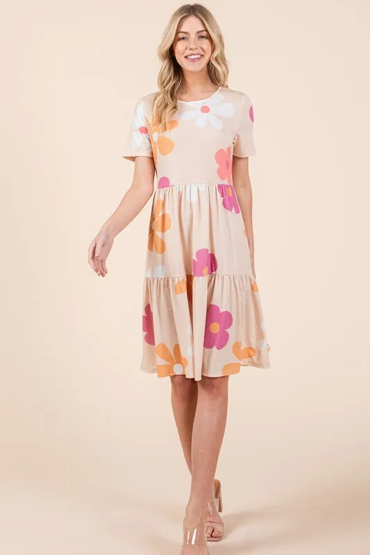 BOMBOM Floral Round Neck Short Sleeve Tiered Dress OutfitFlow