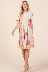 BOMBOM Floral Round Neck Short Sleeve Tiered Dress OutfitFlow