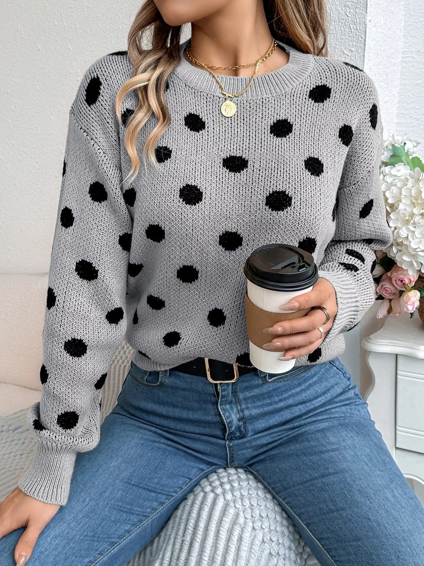 Polka Dot Round Neck Sweater OutfitFlow