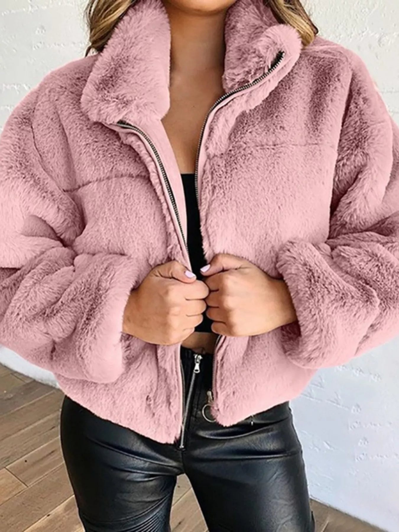 Full Size Faux Fur Cropped Zip-Up Jacket Plus Size Pink Trendsi