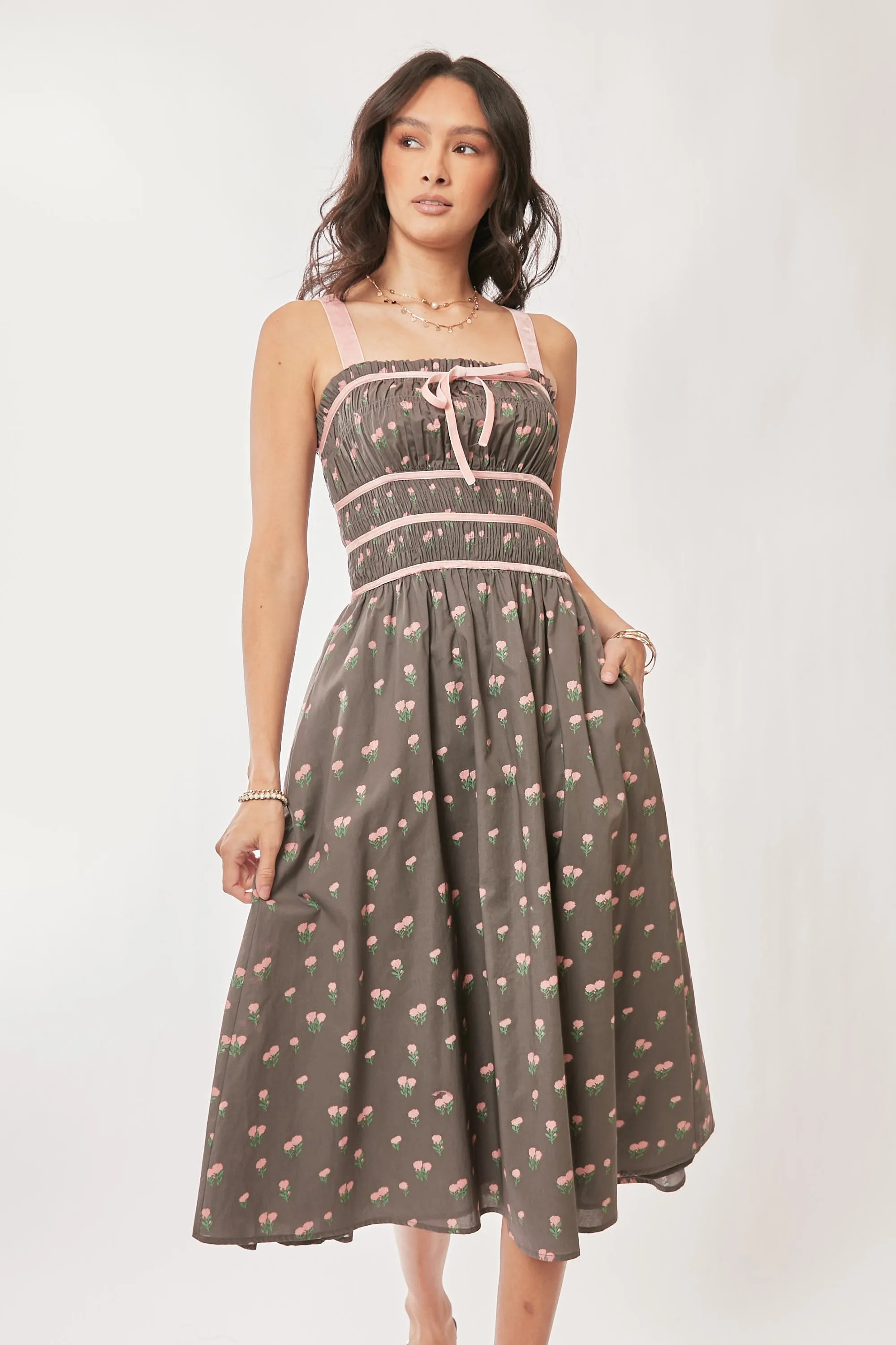 Davi & Dani Contrast Velvet Tape Smocking Bodice Midi Dress OutfitFlow