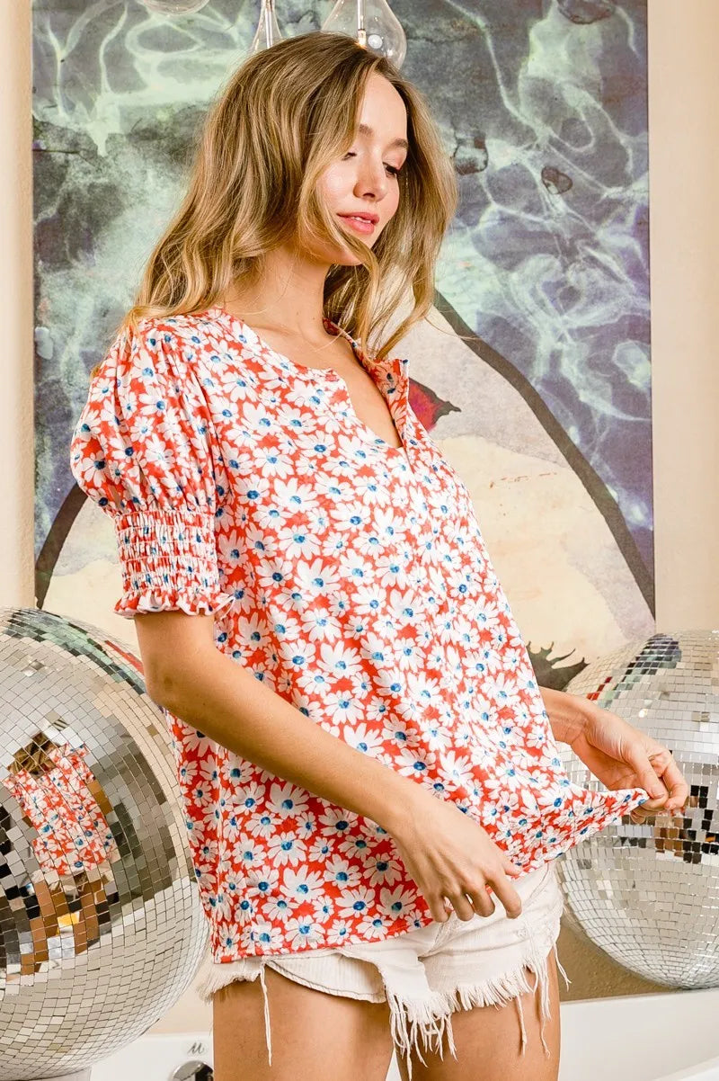 BiBi Floral Jqd Smoked Puff Sleeves V Neck Top OutfitFlow