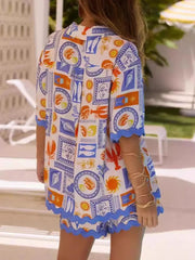 Printed Button Up Shirt and Shorts Set OutfitFlow