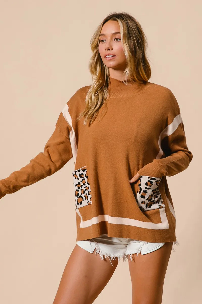 BiBi Mock Neck Sweater with Leopard Pocket OutfitFlow