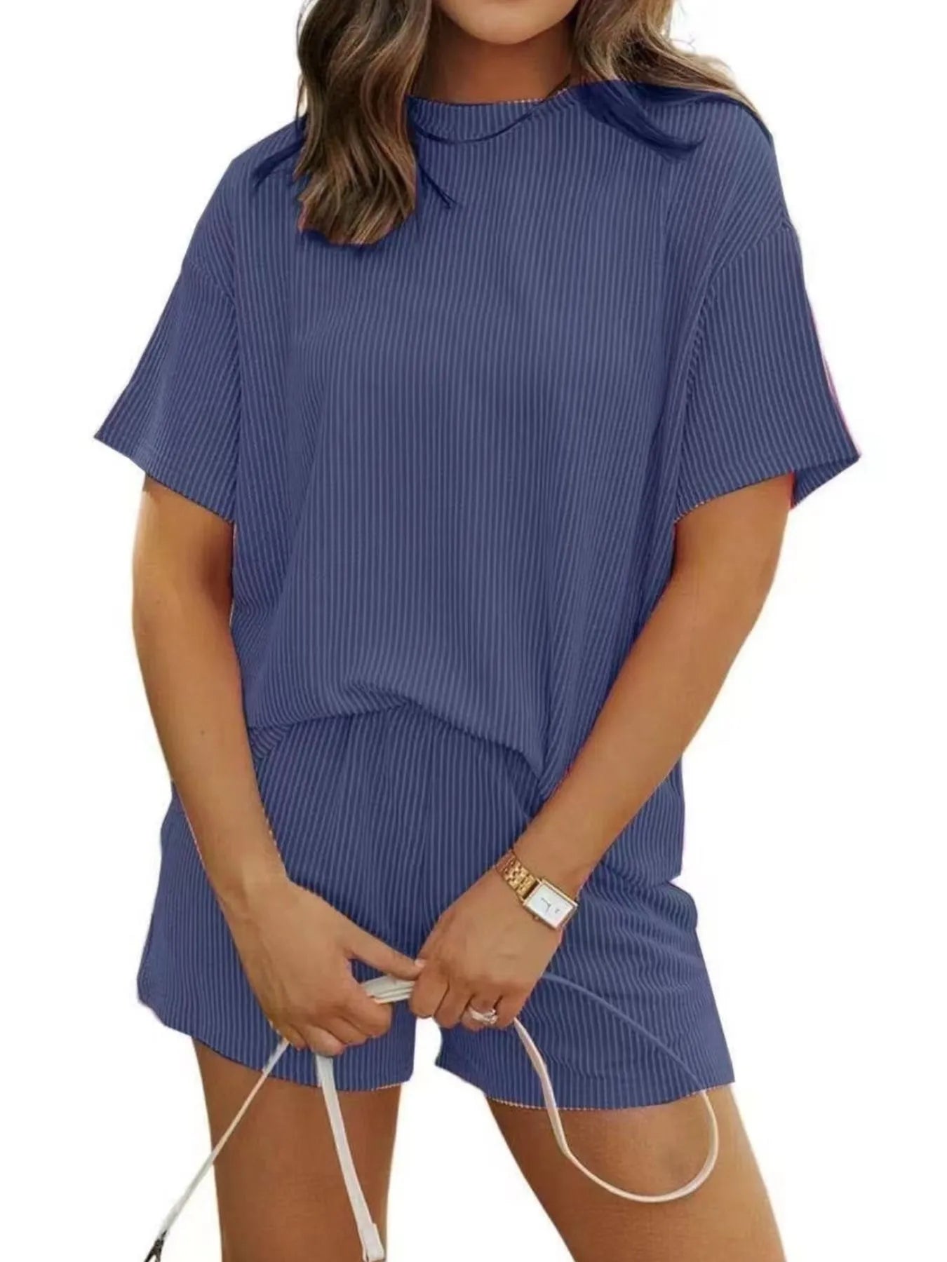 Full Size Ribbed Short Sleeve Top and Shorts Two-Piece Set Plus Size Navy Blue OutfitFlow