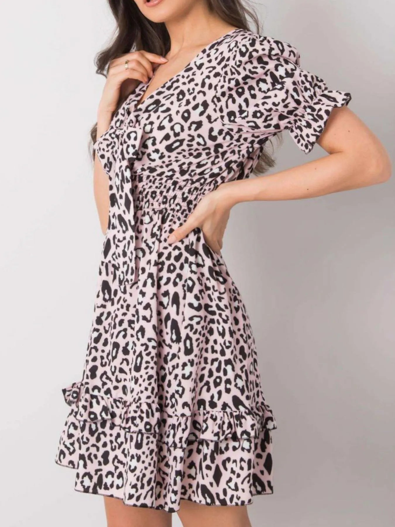 Leopard Print Tie Front Short Sleeve Mini Dress OutfitFlow