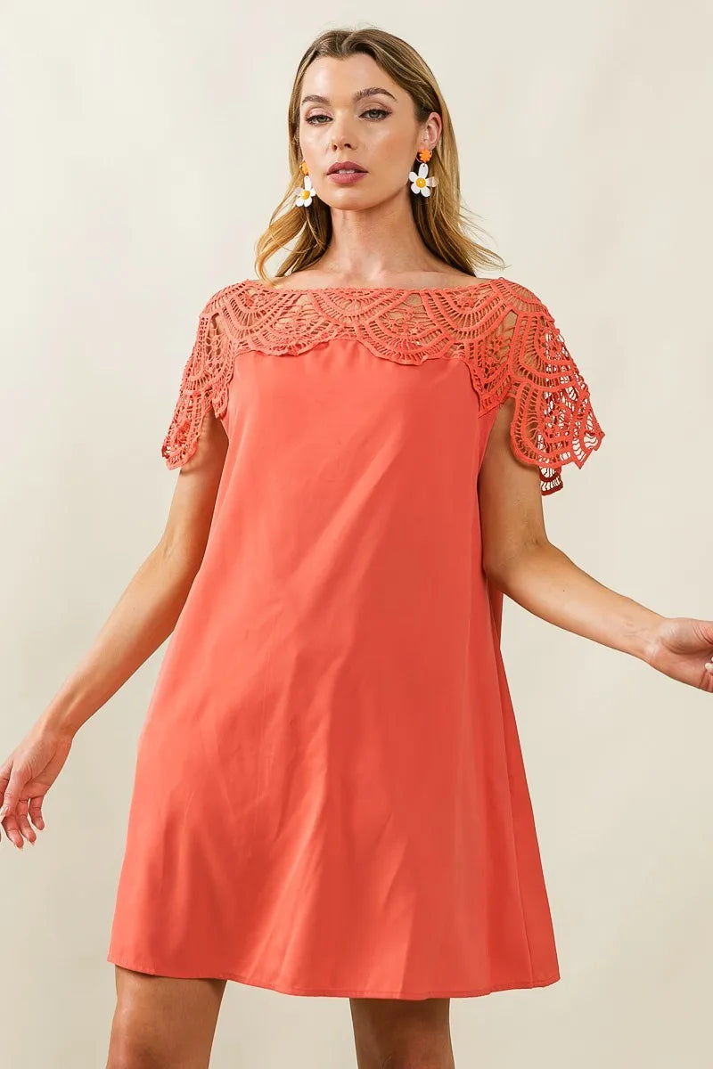 BiBi Crochet Lace Yoke Detailed Wrinkled Dress OutfitFlow