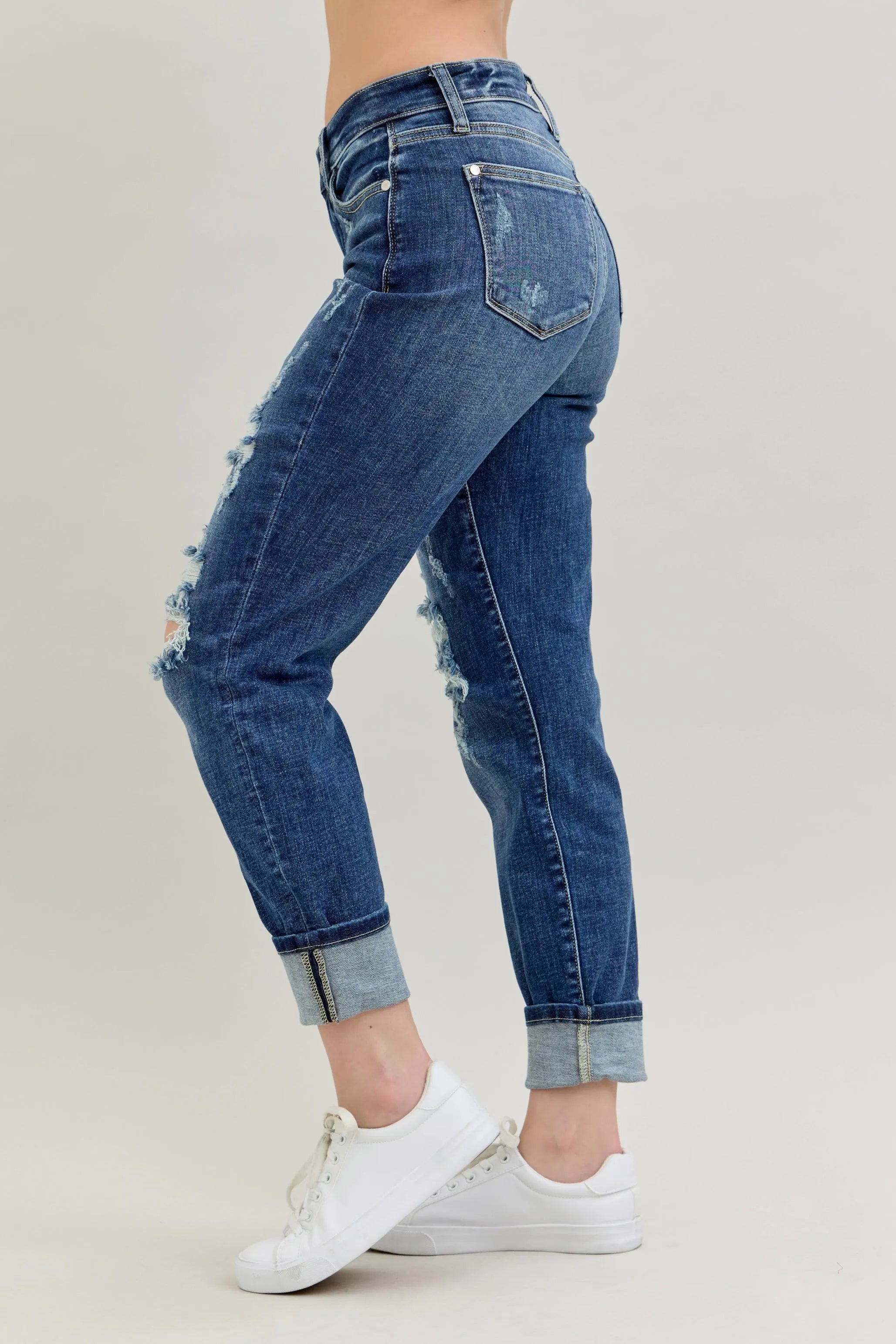Judy Blue Full Size Mid Rise Cuffed Destroy Bf Jeans Plus Size OutfitFlow