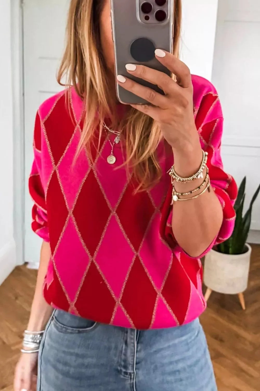 Argyle Pattern Long Sleeve Sweater OutfitFlow