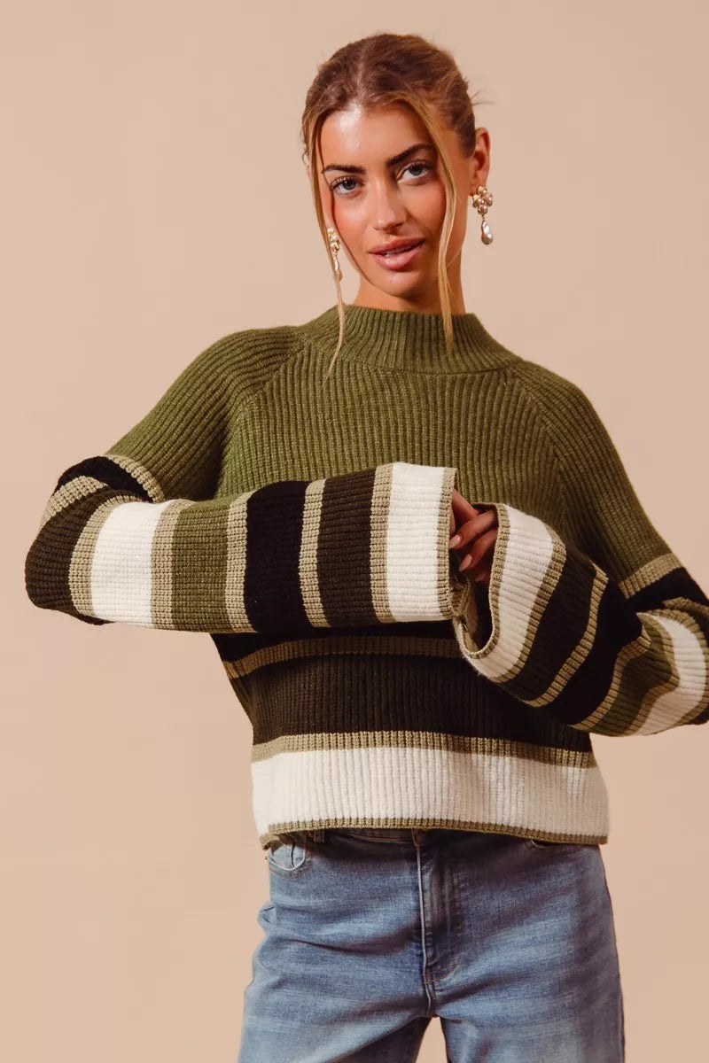 SO ME Multi Color Striped Mock Neck Sweater OutfitFlow