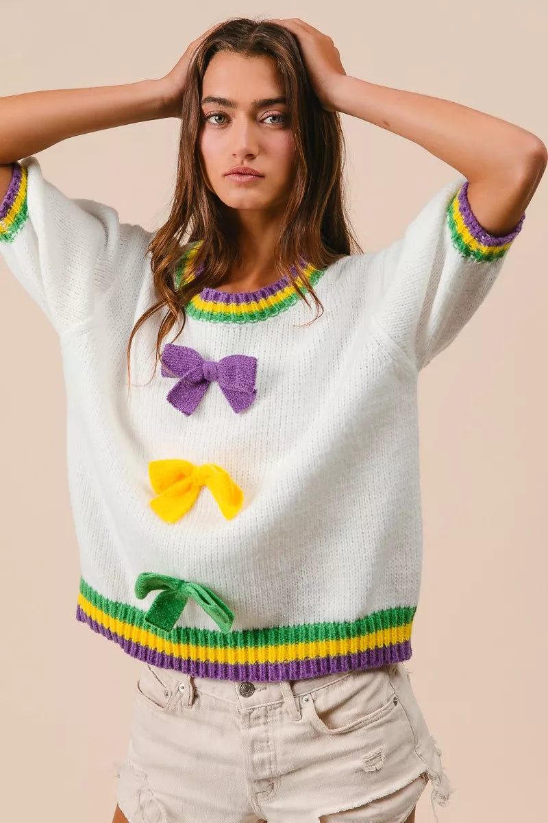 BiBi Short Puff Sleeve Ribbon Bow Mardi Gras Sweater OutfitFlow