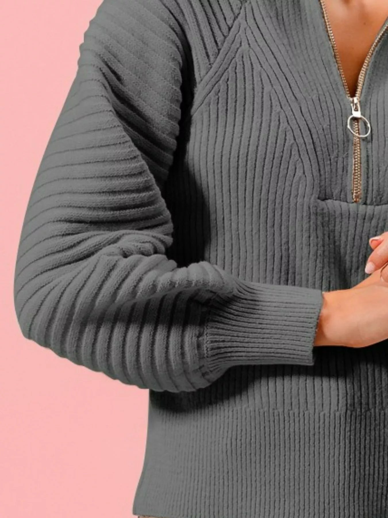 SO ME Half Zip Raglan Balloon Sleeves Ribbed Sweater Trendsi