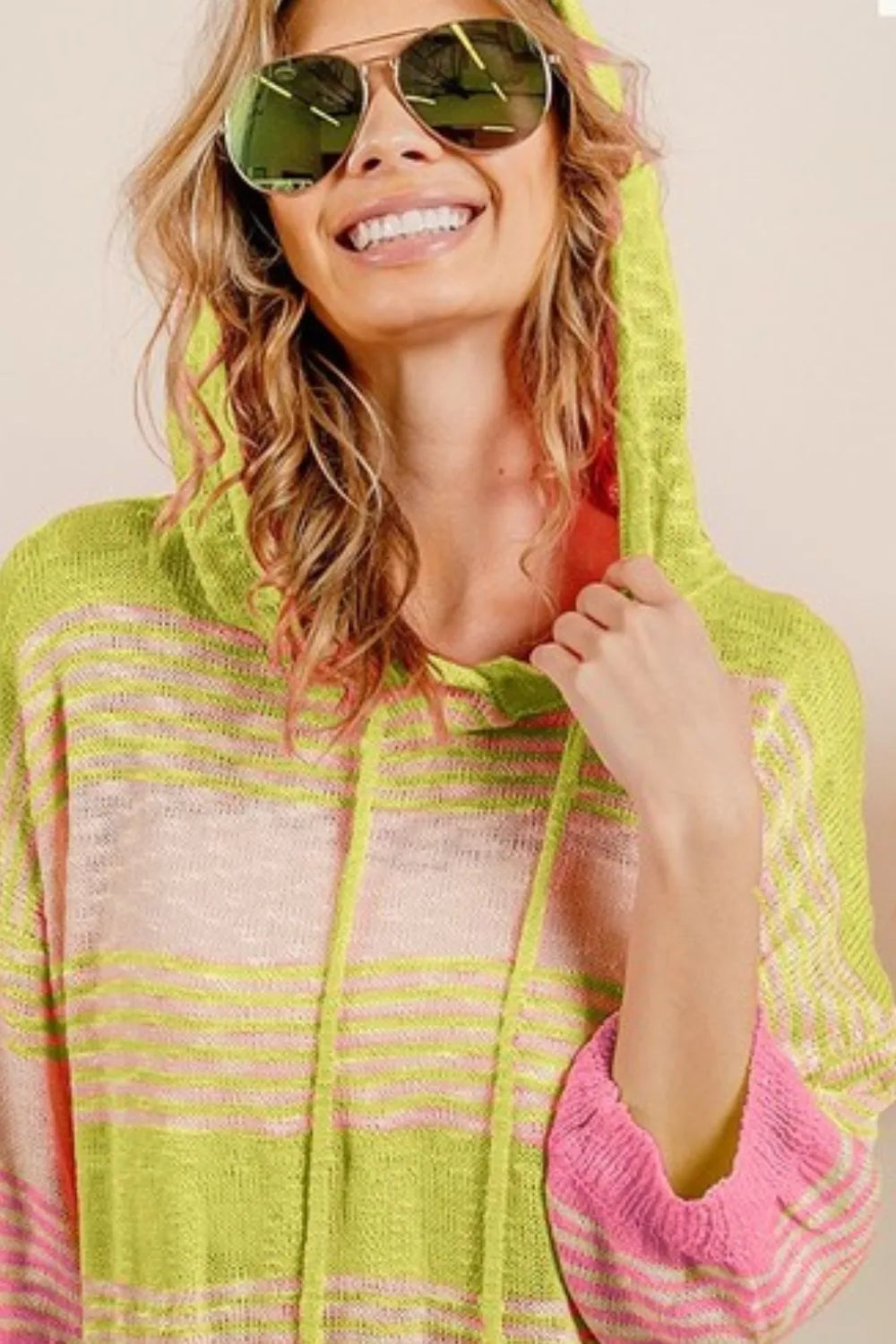 BiBi Short Sleeve Stripe Low Gauge Knit Hoodie OutfitFlow