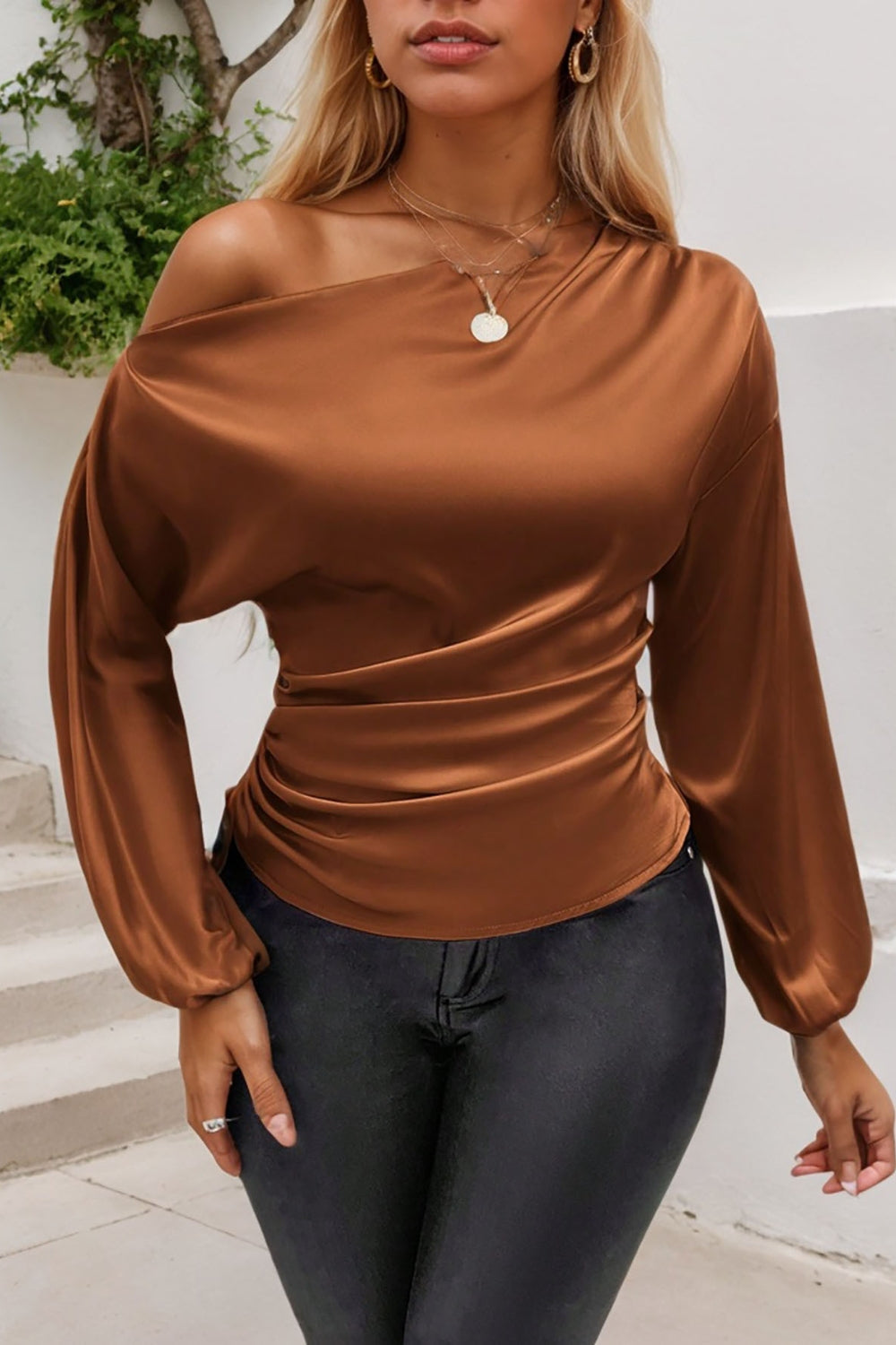 Drawstring One Shoulder Long Sleeve Blouse OutfitFlow