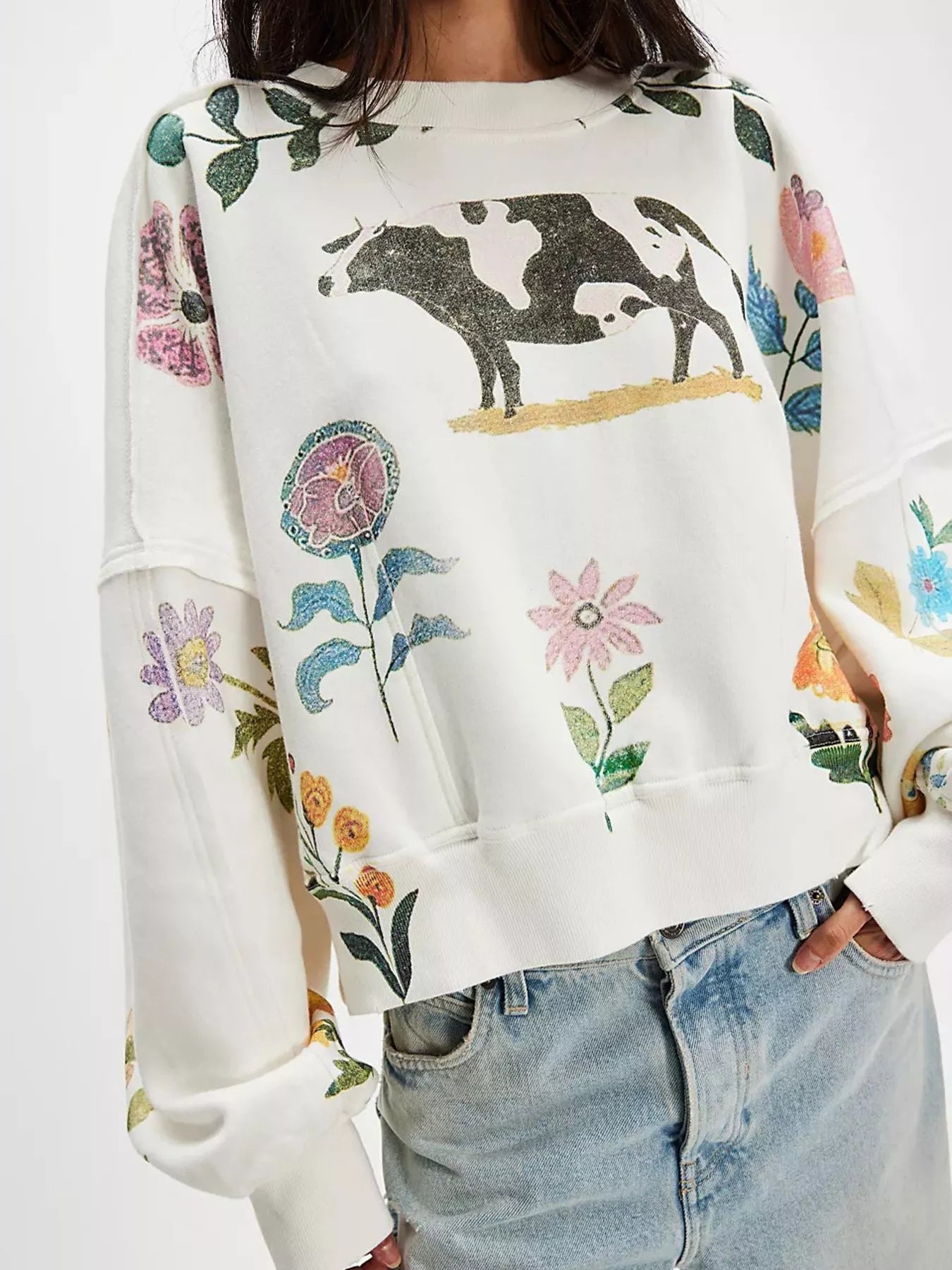 Printed Round Neck Dropped Shoulder Sweatshirt Multicolor OutfitFlow