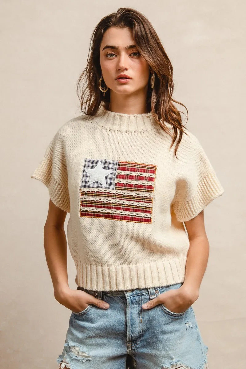 BiBi American Flag Patchwork Drop Shoulder Sweater OutfitFlow