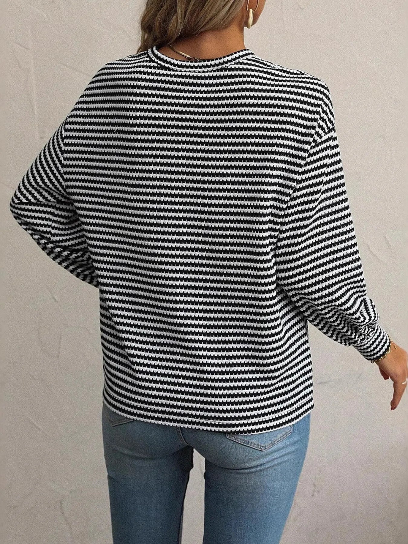 Striped Round Neck Lantern Sleeve Top OutfitFlow