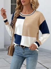Color Block Round Neck Sweater with Ribbed Trim OutfitFlow