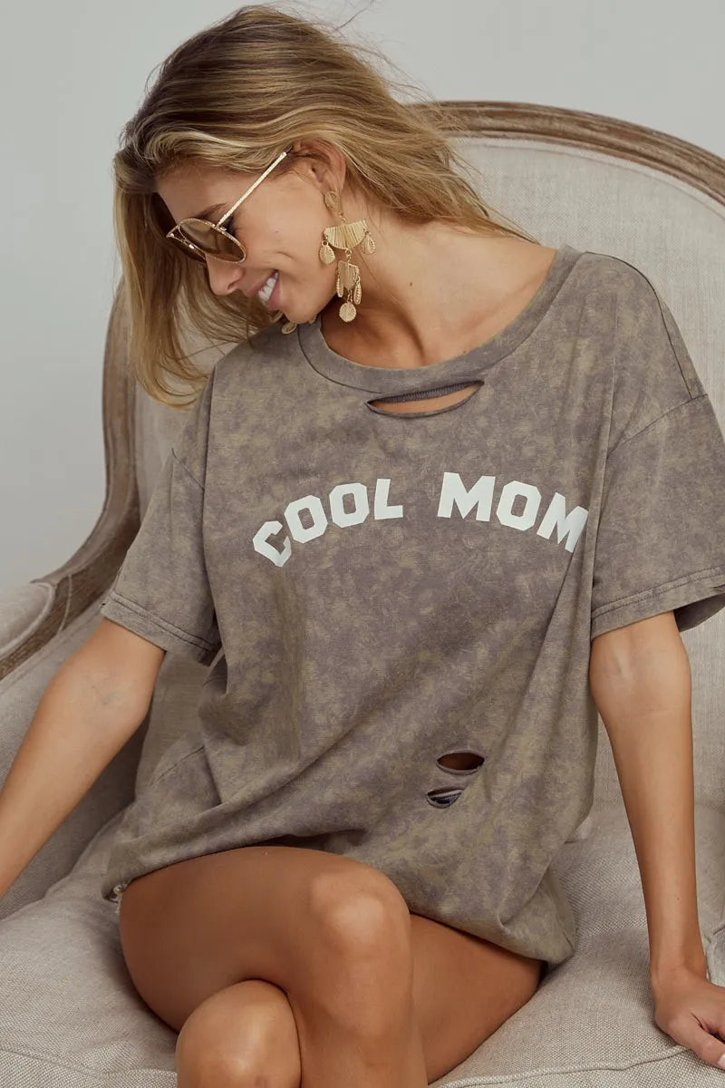 BiBi Washed Laser Cut Detail Cool Mom Print Top OutfitFlow