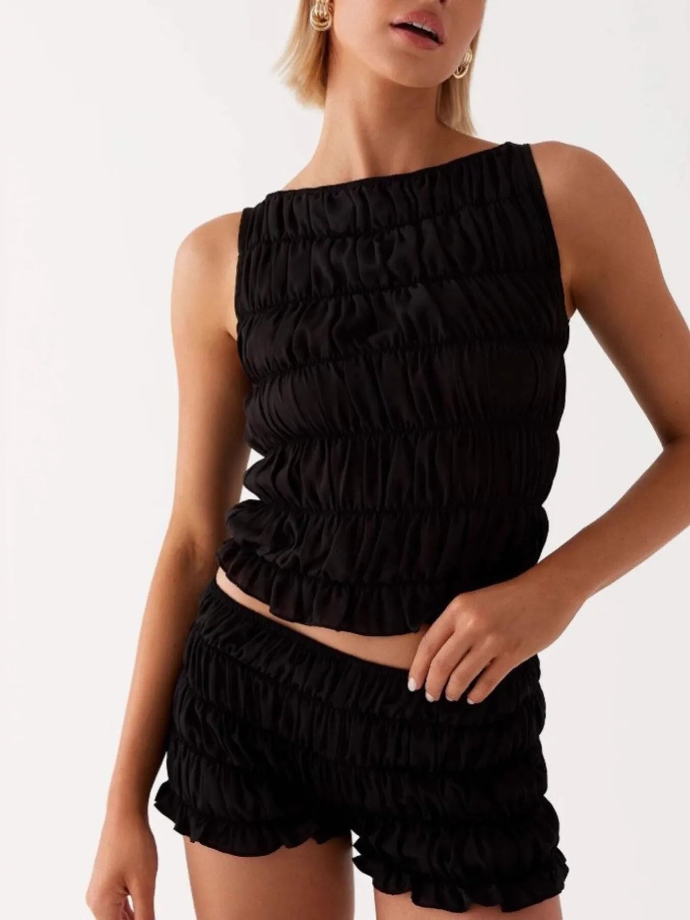 Ruched Texture Tank and Shorts Two-Piece Set Black OutfitFlow