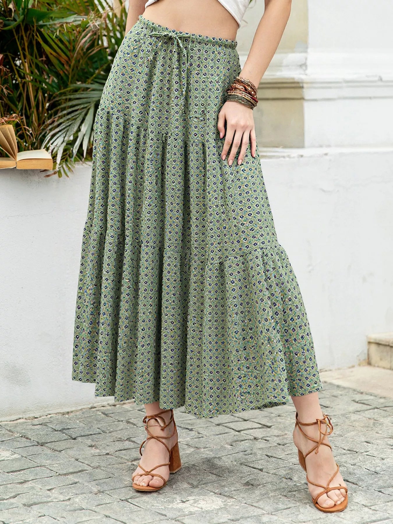 Boho Print Tiered Maxi Skirt Matcha Green OutfitFlow
