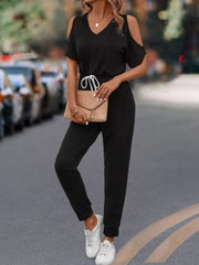 Cold Shoulder V-Neck Drawstring Waist Jumpsuit Trendsi