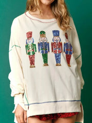 Christmas Nutcracker Sequin Round Neck Sweatshirt Off-white OutfitFlow