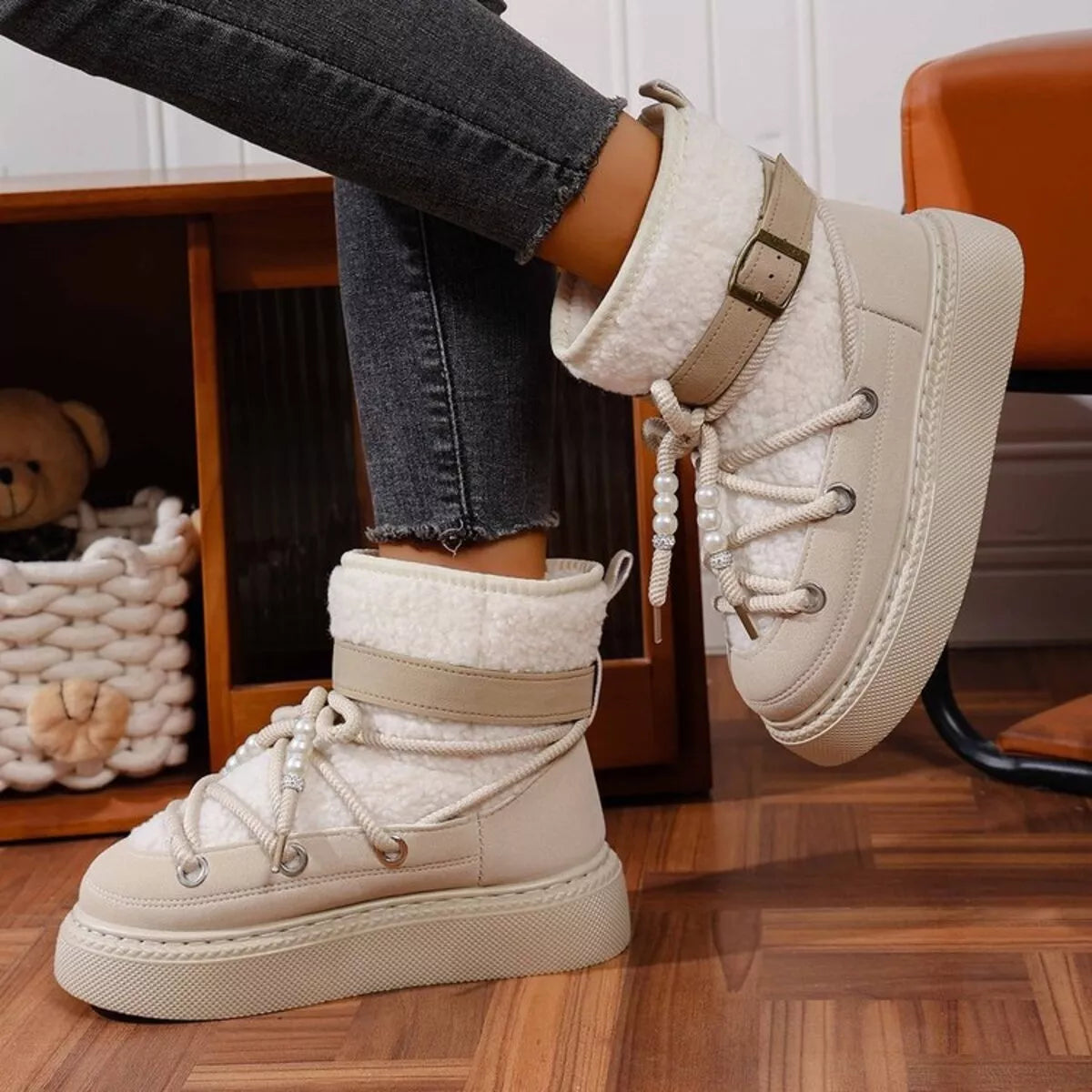 Lace Up Platform Boots Beige Trendsi