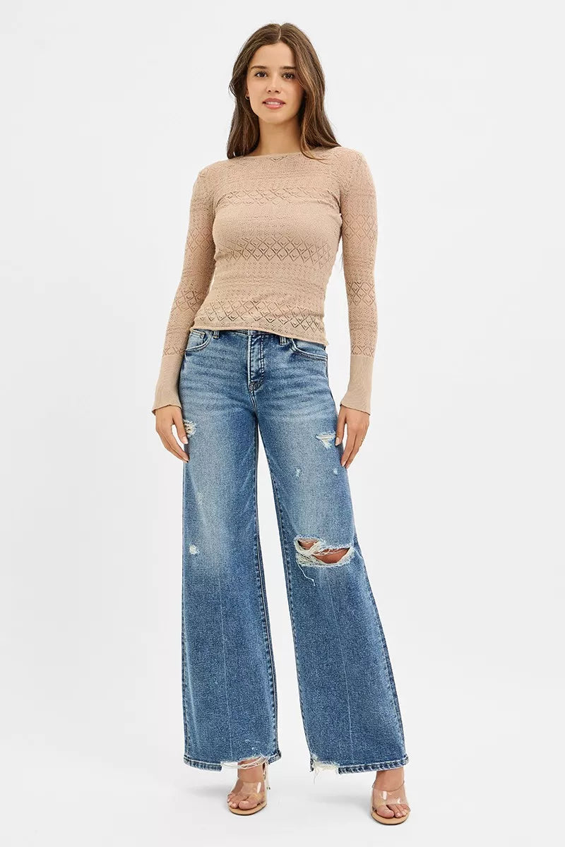 RISEN Tummy Control Mid Rise Fit Wide Jeans OutfitFlow