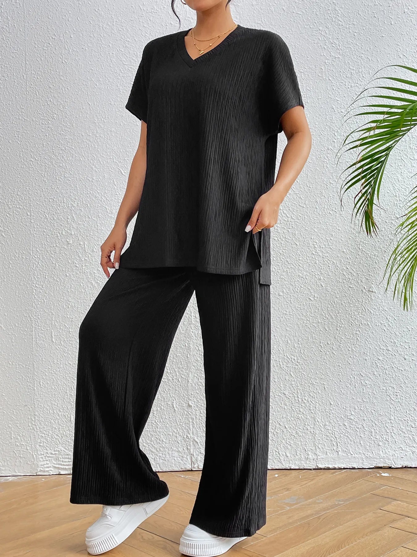 V-Neck Short Sleeve Top and Pants Set OutfitFlow
