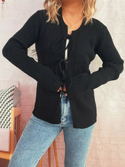 Ribbed Tie Front Long Sleeve Cardigan Black One Size OutfitFlow