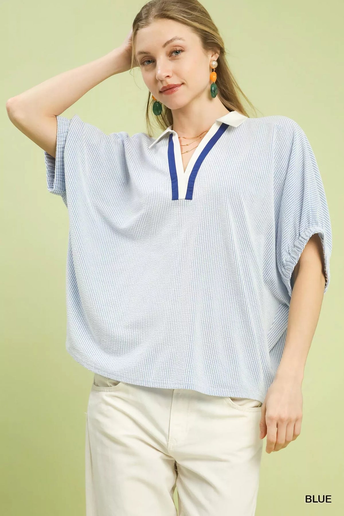 Contrast Collar V-Neck Top BLUE Trendsi