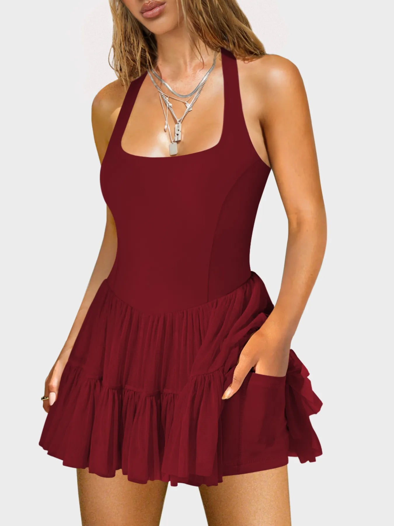 Crisscross Back Square Neck Mini Dress Burgundy OutfitFlow