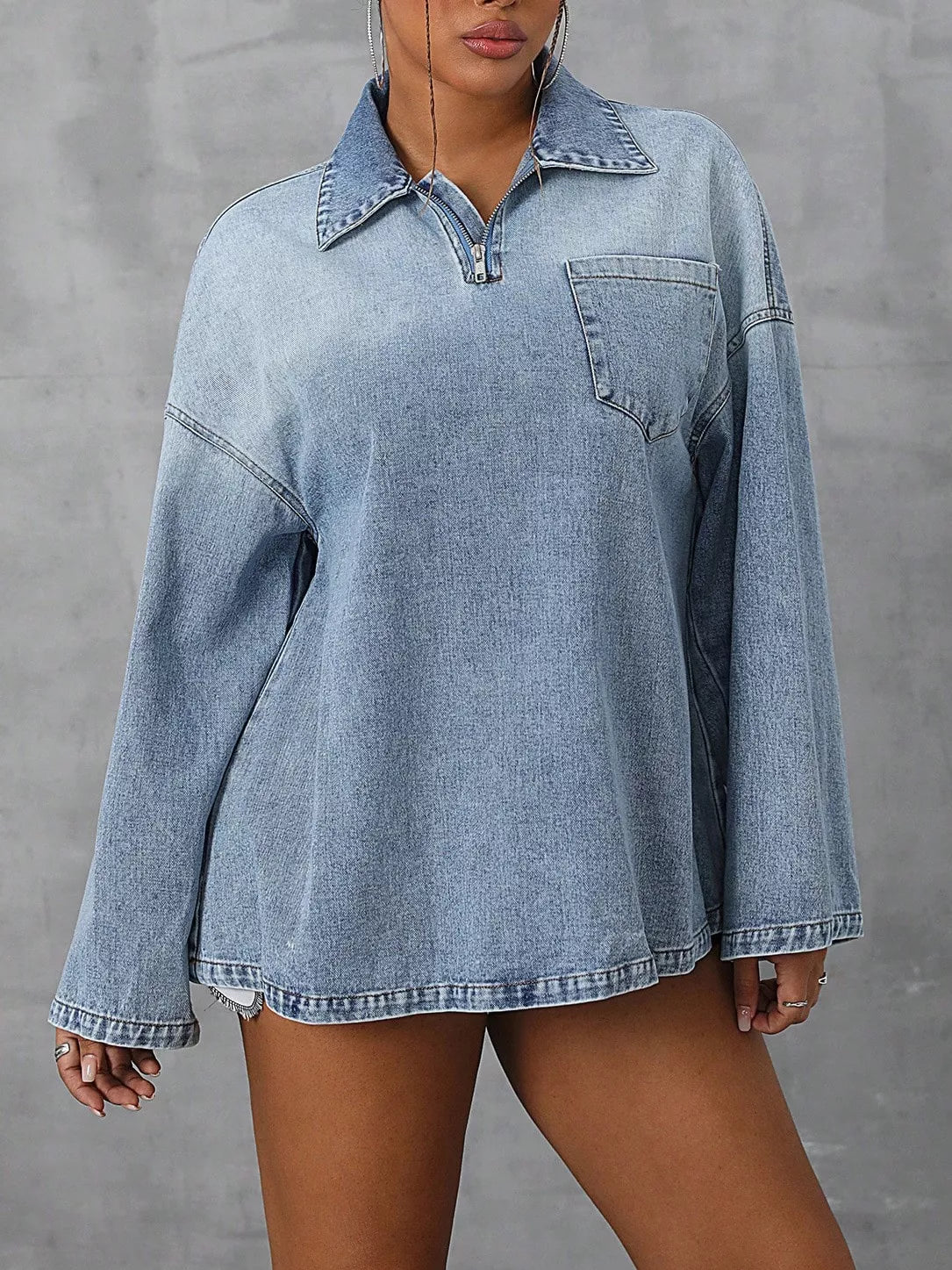 Collared Neck Drop Shoulder Denim Top OutfitFlow