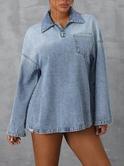 Collared Neck Drop Shoulder Denim Top OutfitFlow