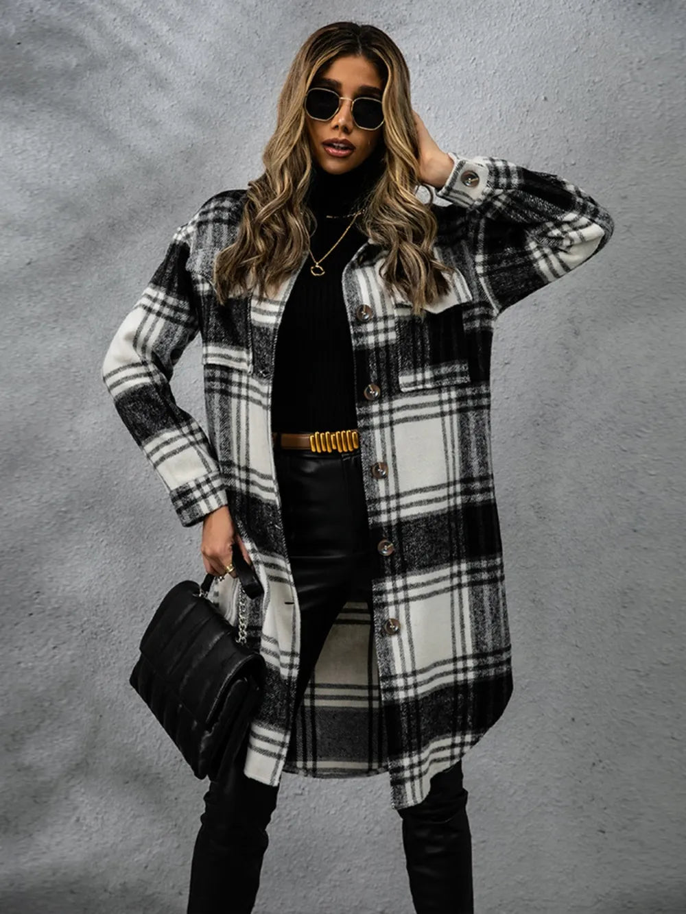 Plaid Collared Neck Long Sleeve Coat OutfitFlow