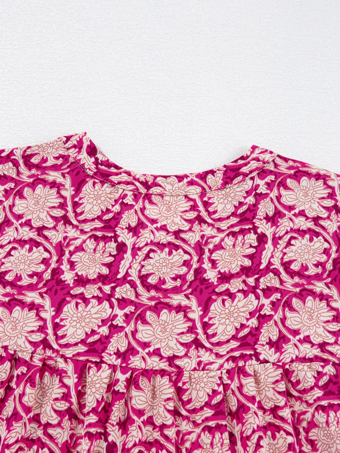 Floral Print Split Neck Pleated Long Sleeve Blouse OutfitFlow