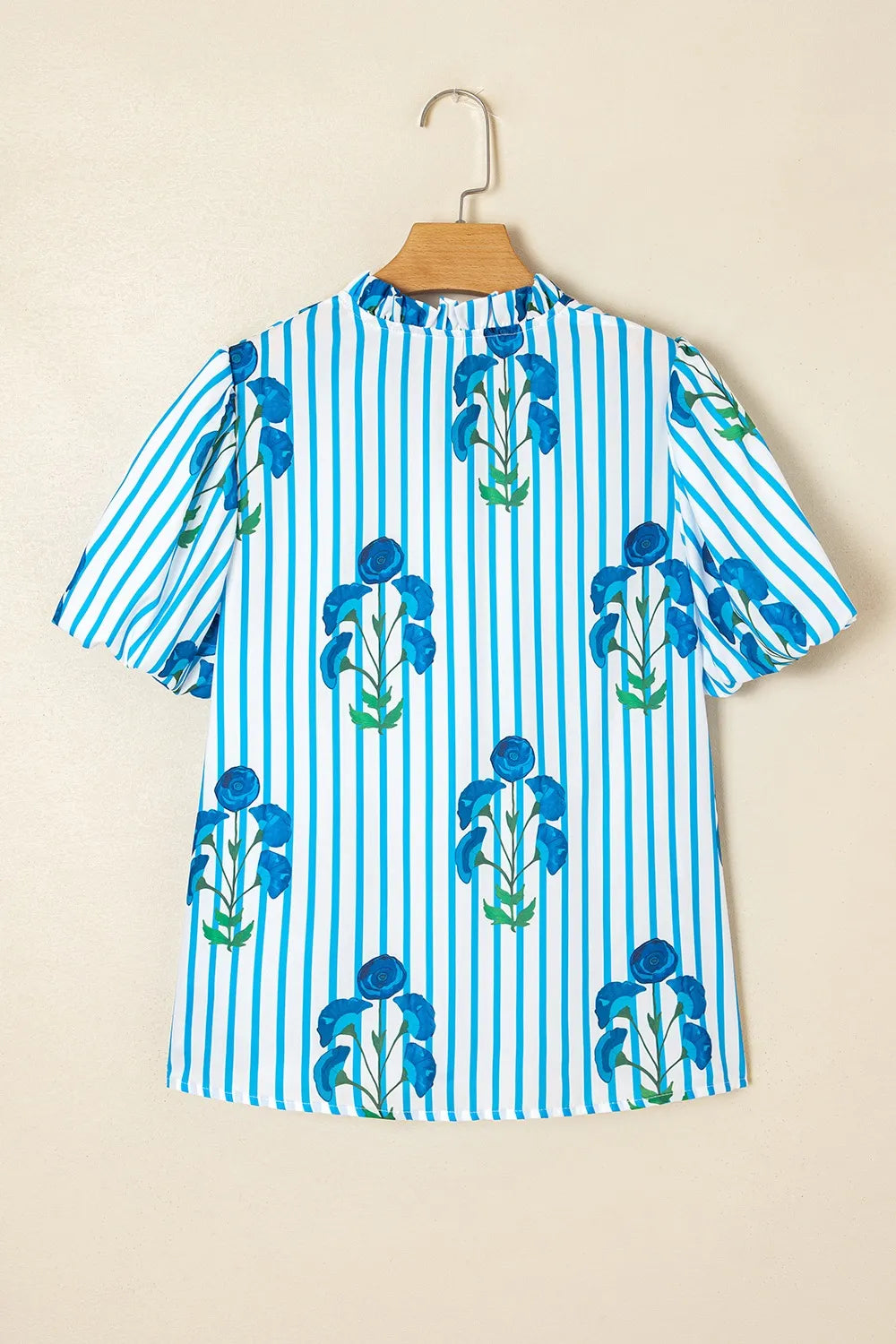 Stripe Floral Notched Neck Puff Sleeve Summer Blouse OutfitFlow