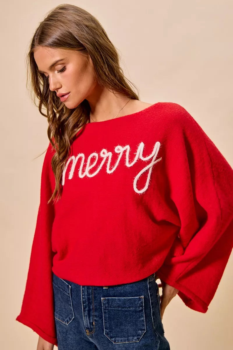 SO ME Merry Tinsel Lettering Christmas Sweater Top OutfitFlow