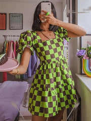 Checkered Short Sleeve Tiered Mini Dress OutfitFlow