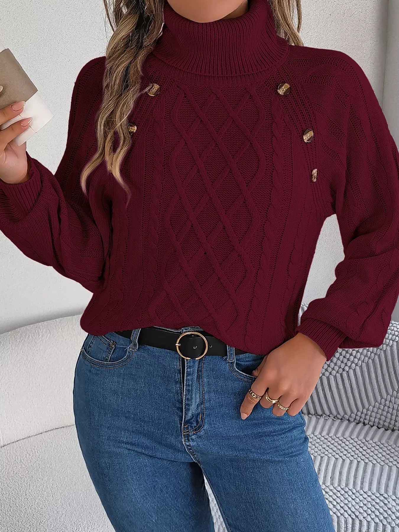 Cable Knit Turtleneck Long Sleeve Sweater OutfitFlow