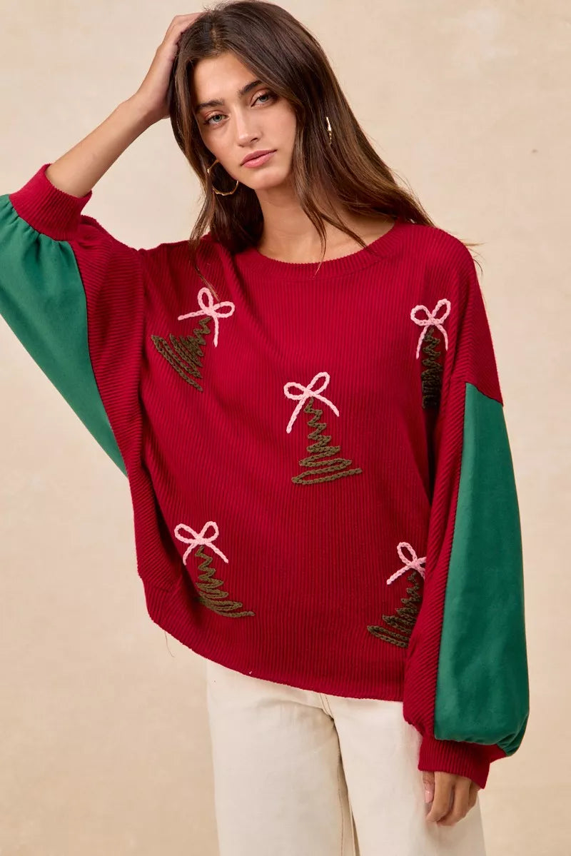 BiBi Christmas Theme Tree Embroidered Sweater OutfitFlow