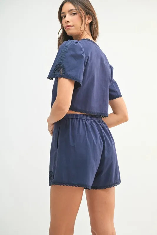 MABLE Crochet Lace Detail Crop Top and Shorts Set OutfitFlow
