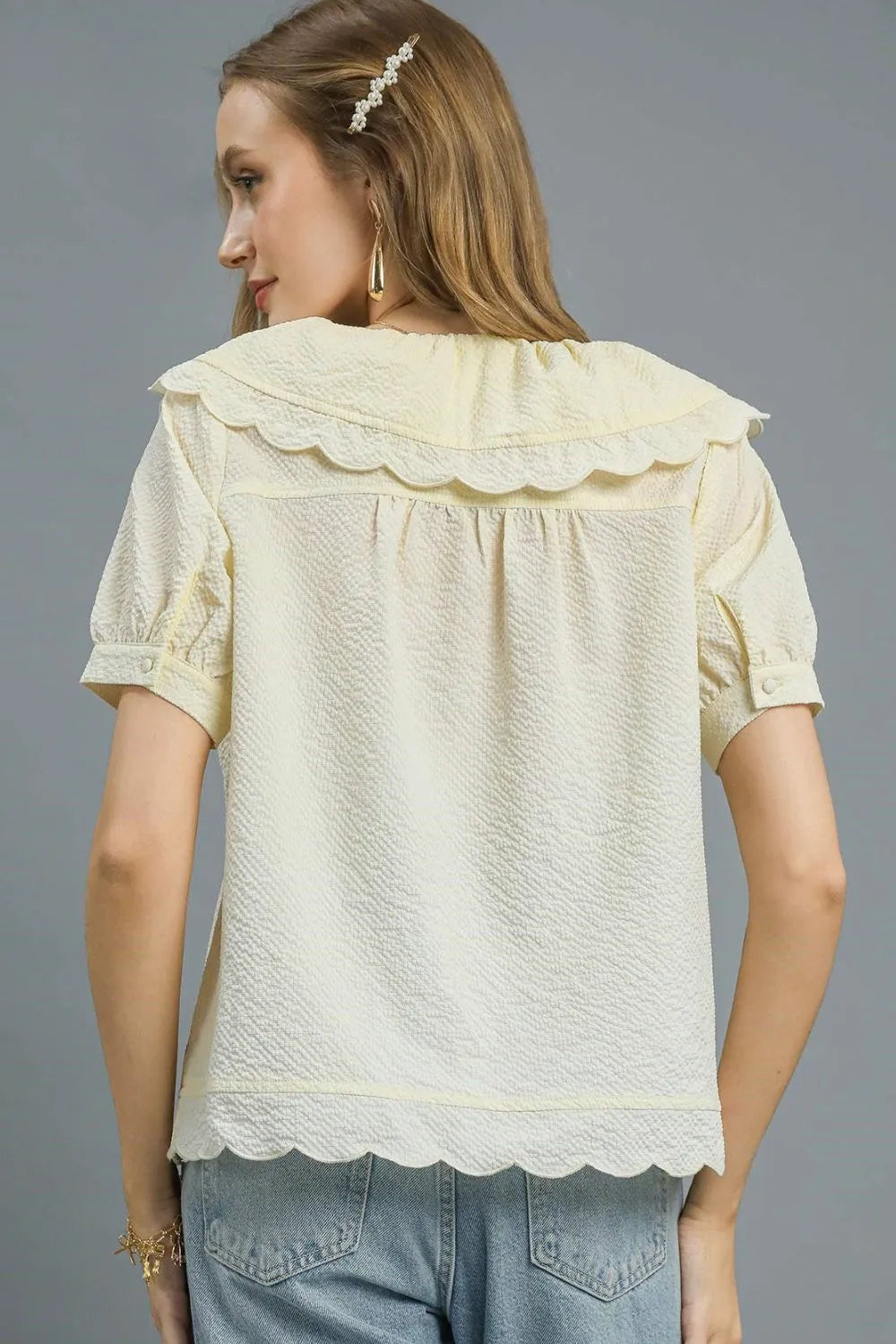 Umgee Peter Pan Collar Short Sleeve Blouse OutfitFlow