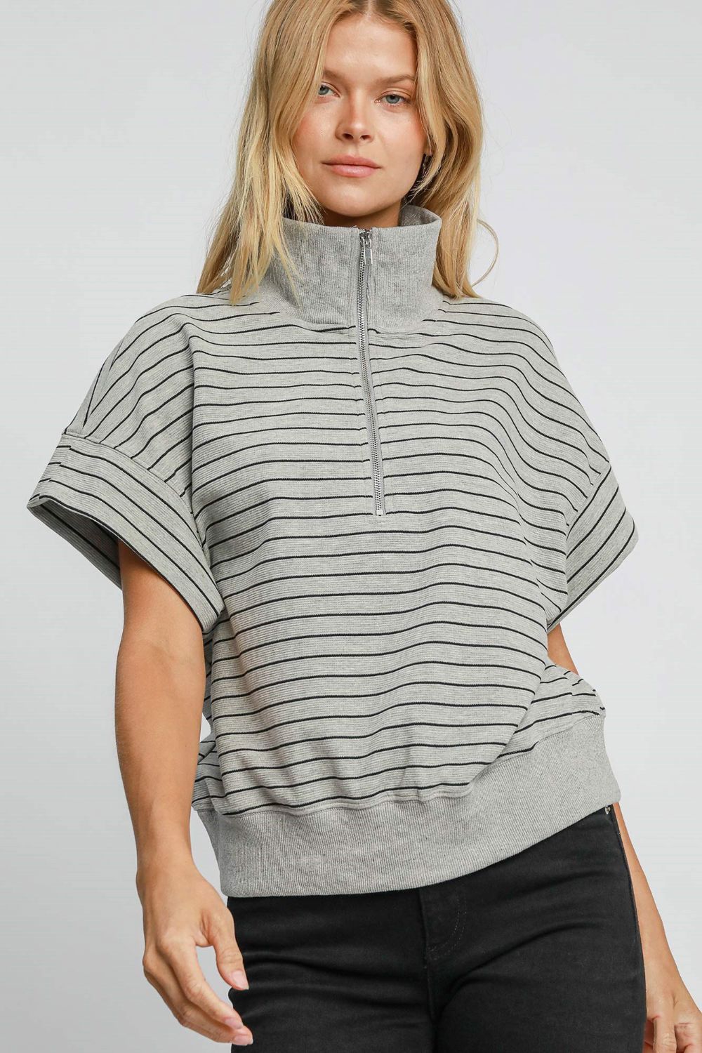 Outfit Flow - Umgee Striped Half Zip Short Sleeve Sweatshirt